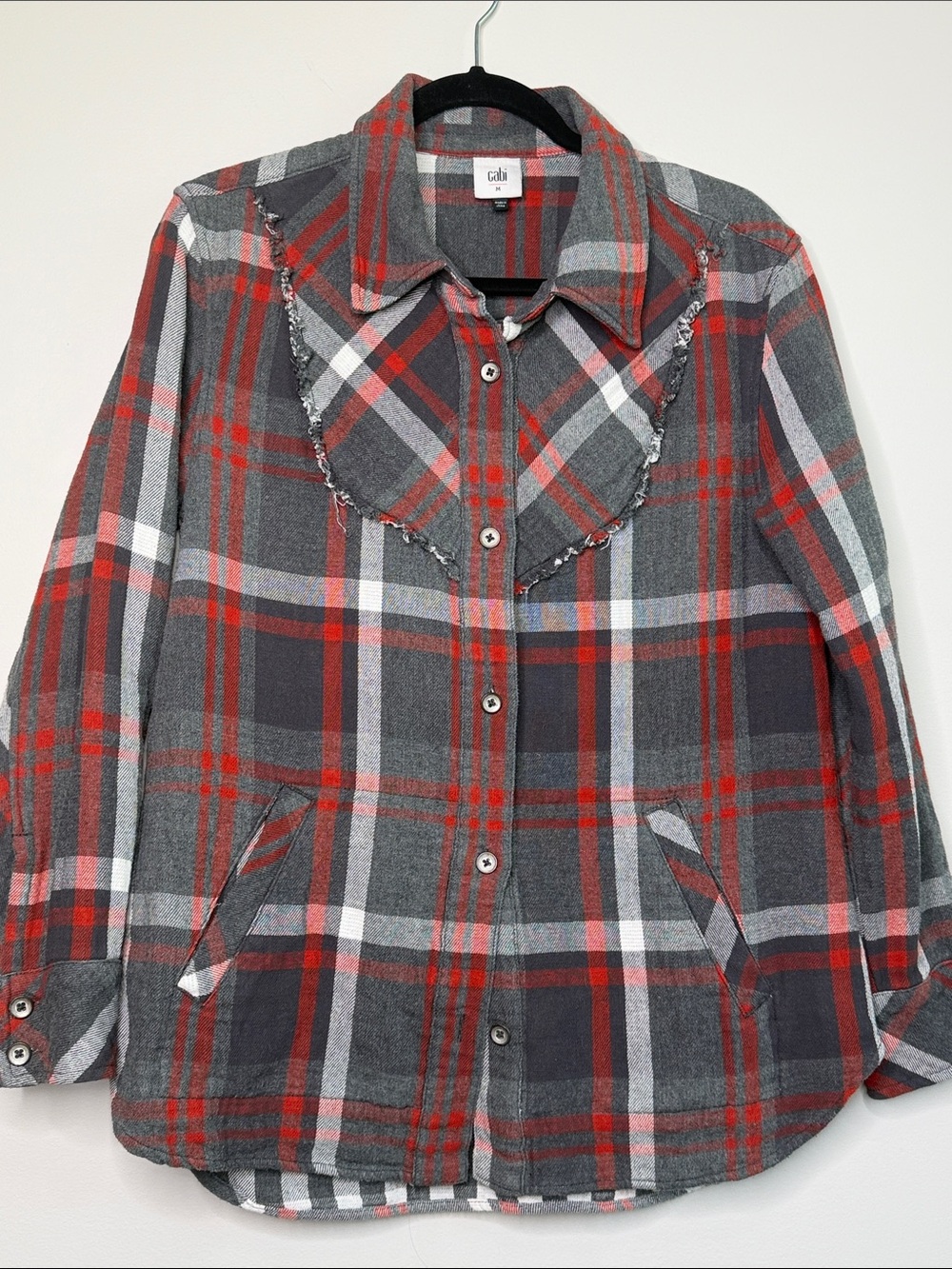 CAbi Red and Gray Plaid Button-Up Jacket with Fringe Yoke Size Medium